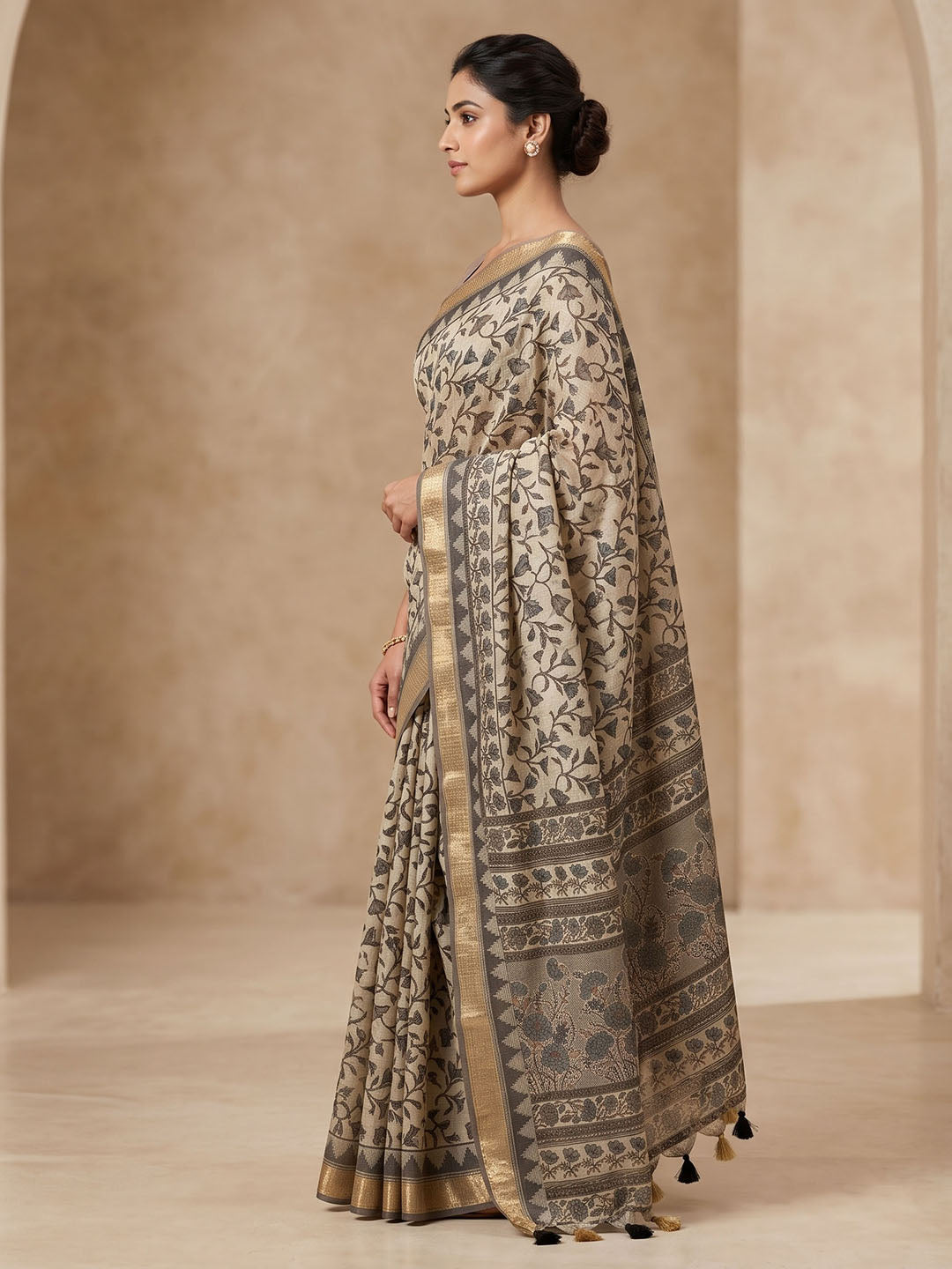 Off White Linen Blend Printed Saree