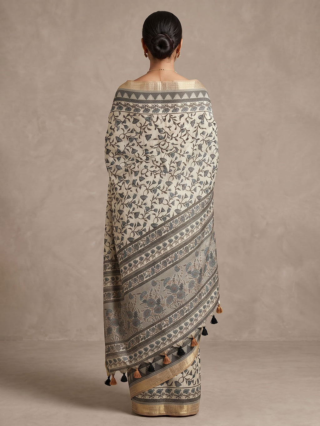 Off White Linen Blend Printed Saree