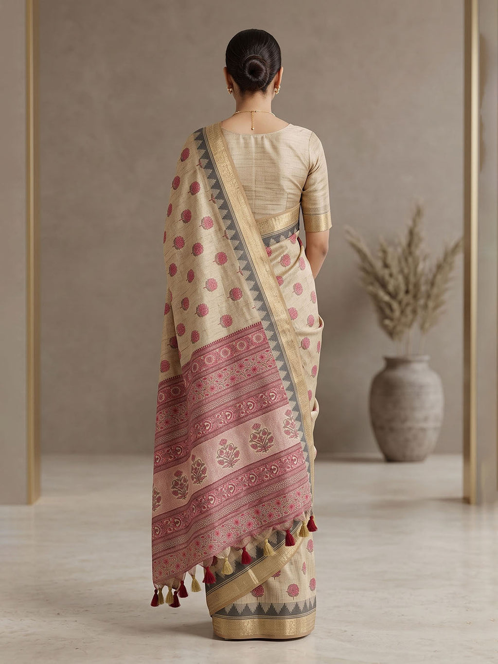 Off White Linen Blend Printed Saree