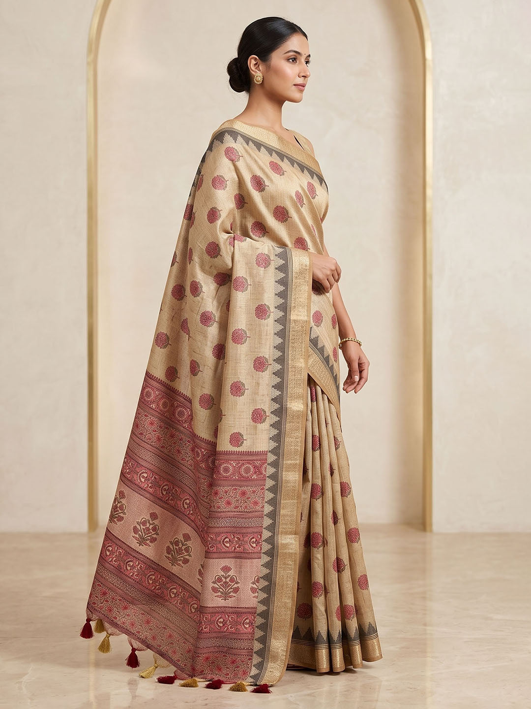Off White Linen Blend Printed Saree