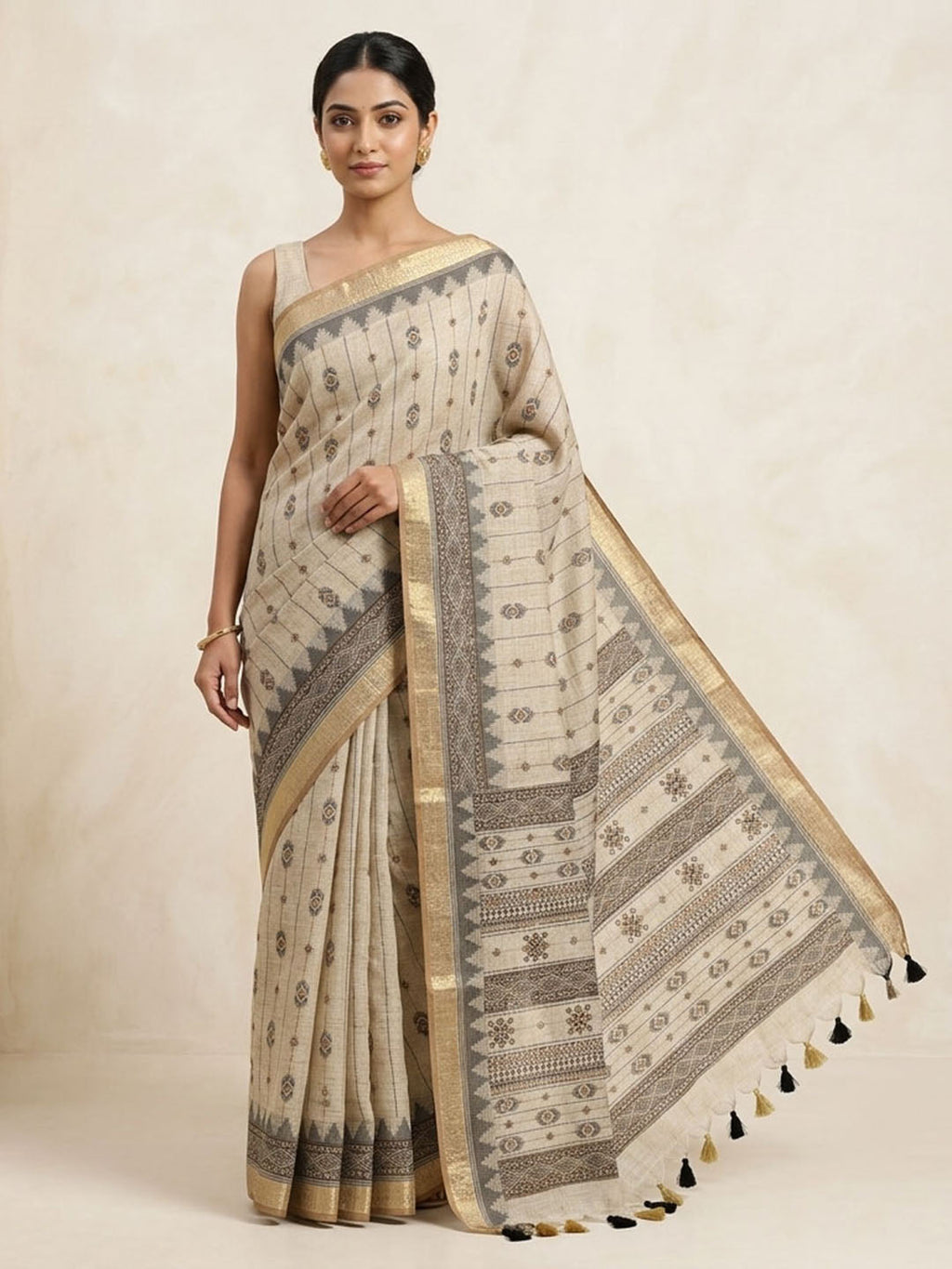 Off White Linen Blend Printed Saree