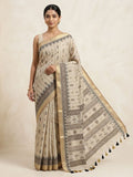 Off White Linen Blend Printed Saree