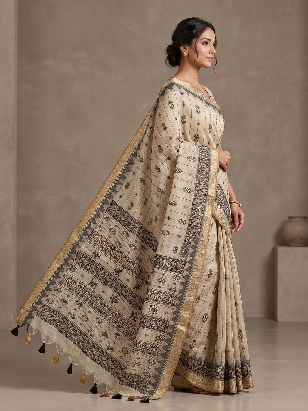 Off White Linen Blend Printed Saree