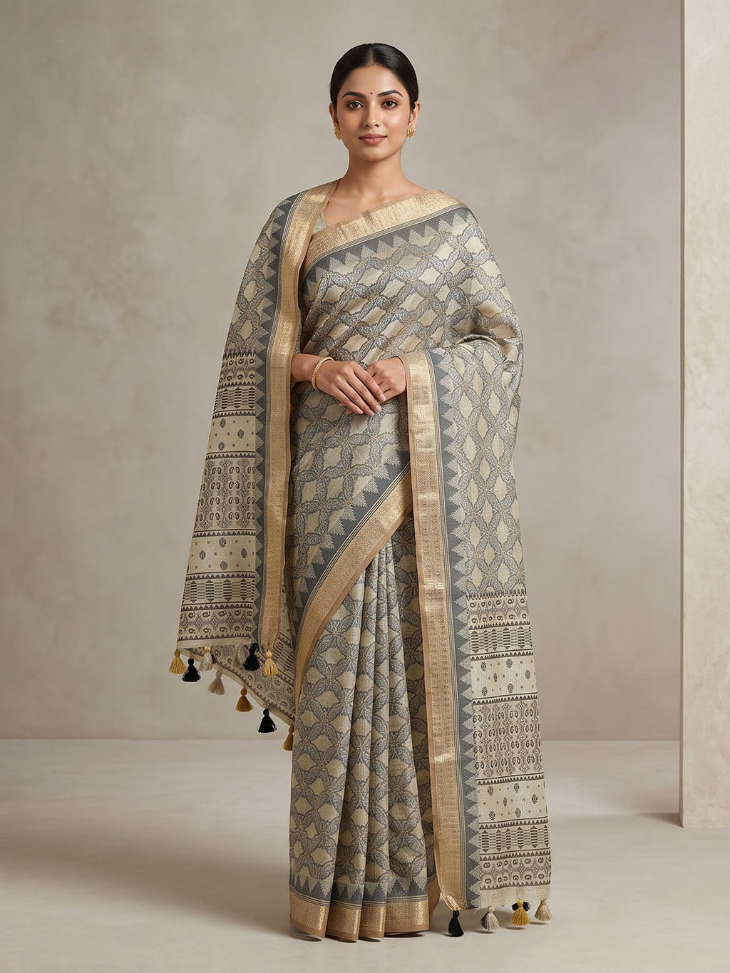 Off White Linen Blend Printed Saree