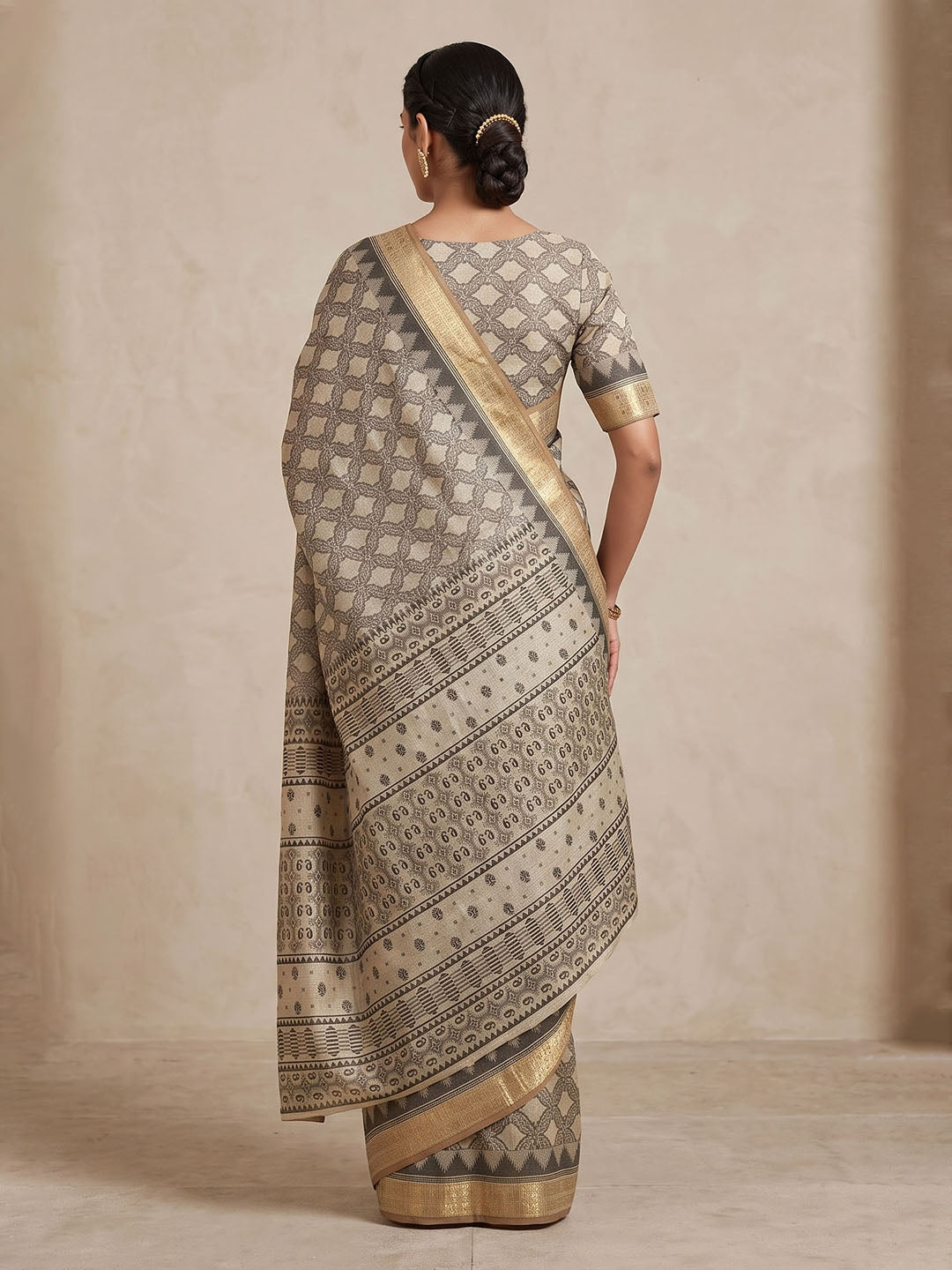 Off White Linen Blend Printed Saree