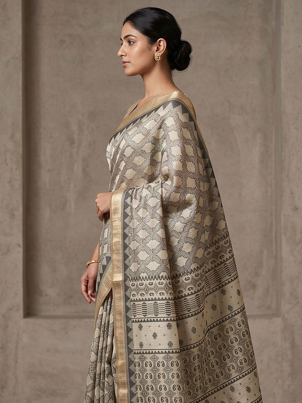 Off White Linen Blend Printed Saree