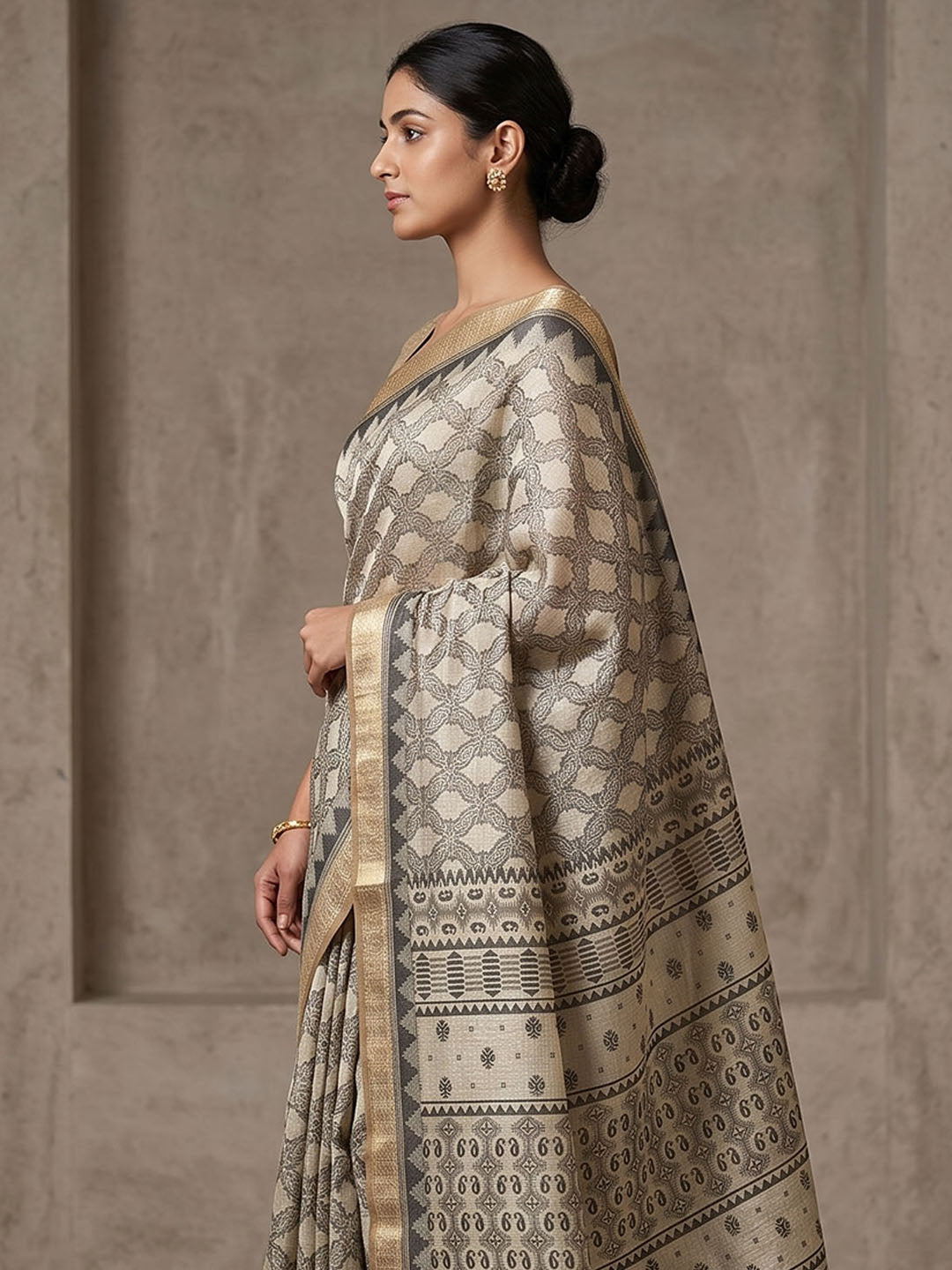 Off White Linen Blend Printed Saree