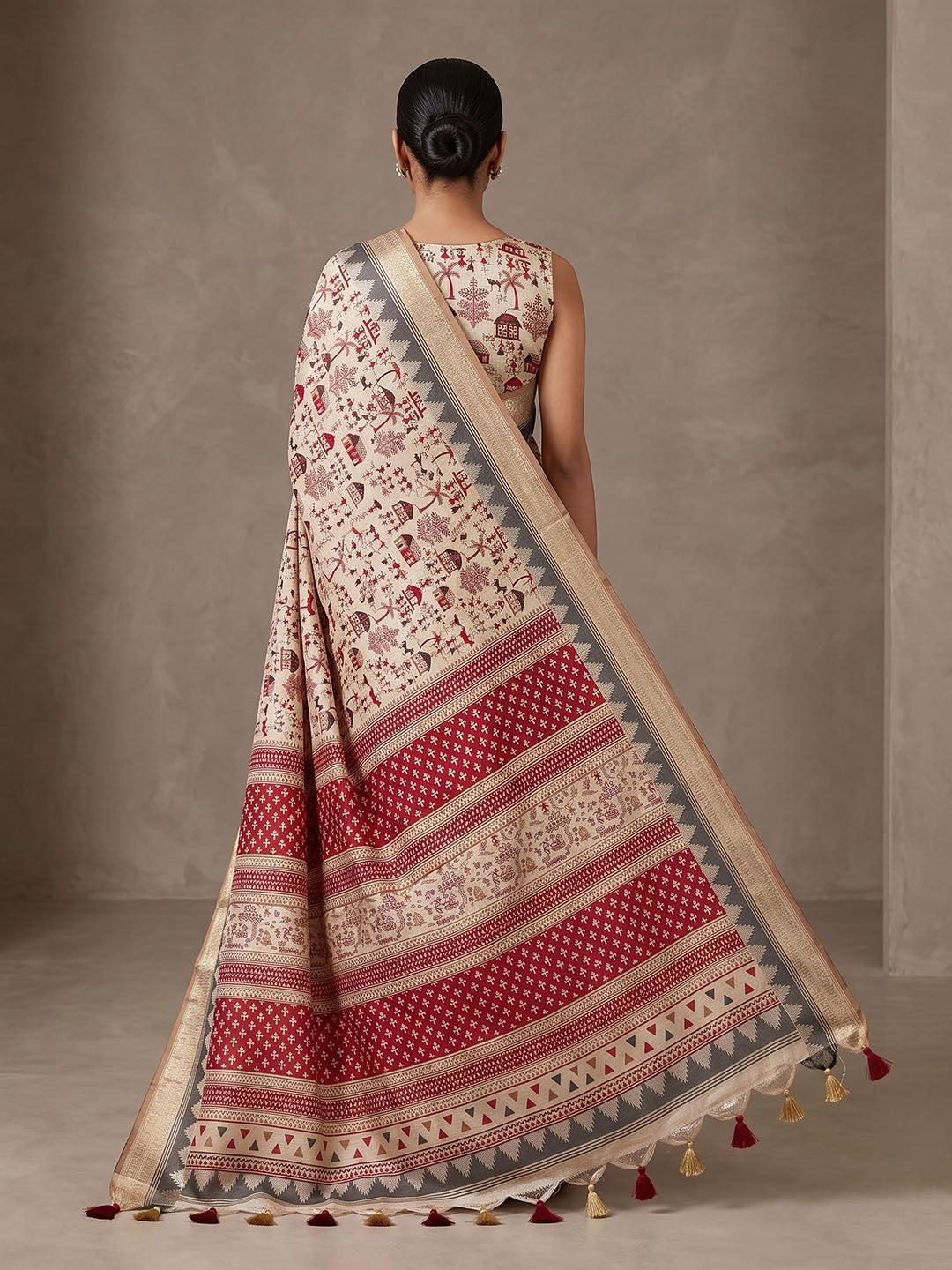 Off White Linen Blend Printed Saree