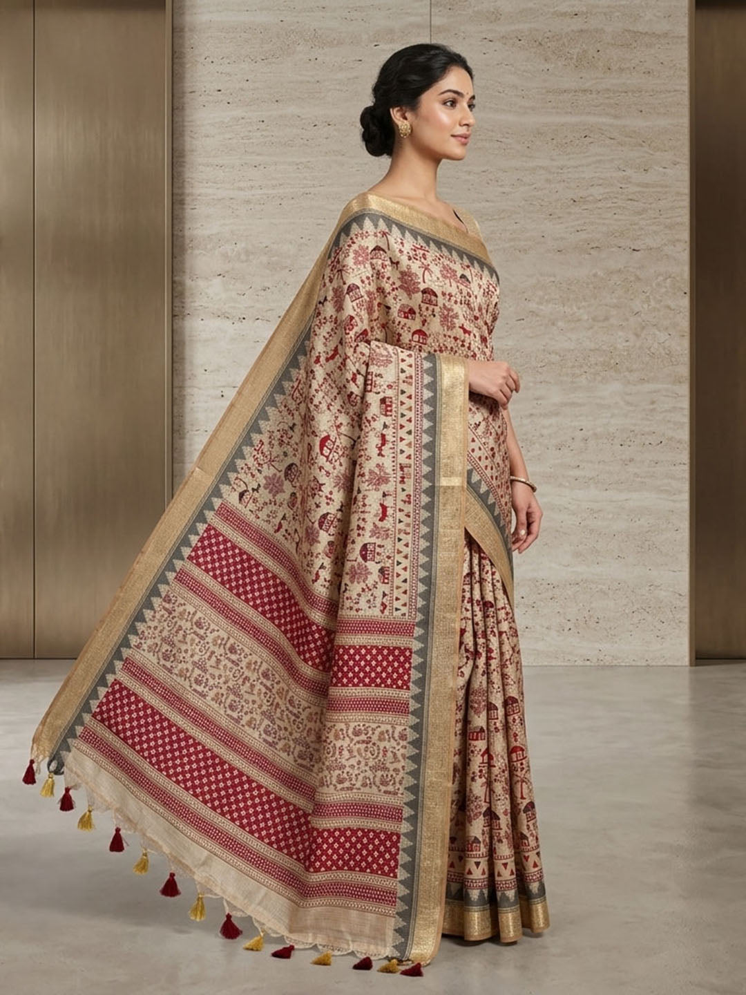 Off White Linen Blend Printed Saree