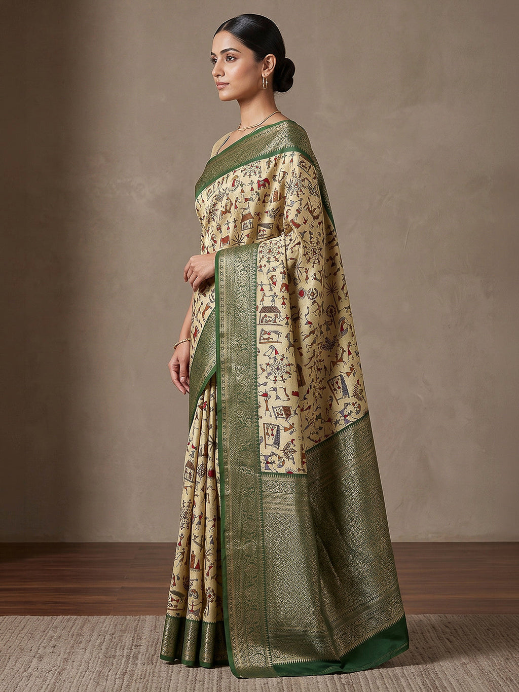Off-White-Green Art Silk Printed Saree