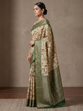 Off-White-Green Art Silk Printed Saree