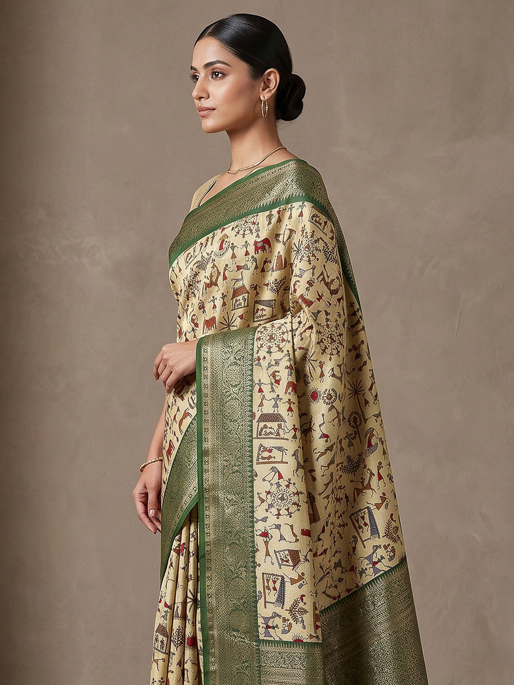 Off-White-Green Art Silk Printed Saree