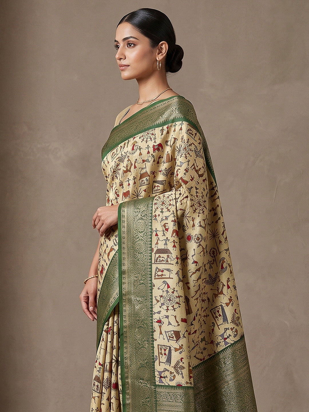 Off-White-Green Art Silk Printed Saree