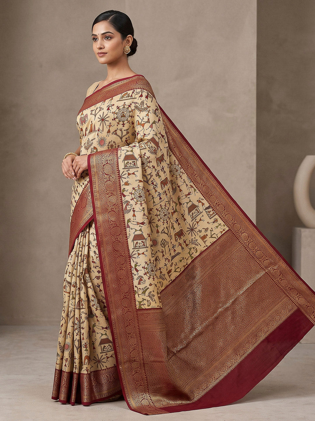 Off-White-Maroon Art Silk Printed Saree