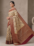 Off-White-Maroon Art Silk Printed Saree