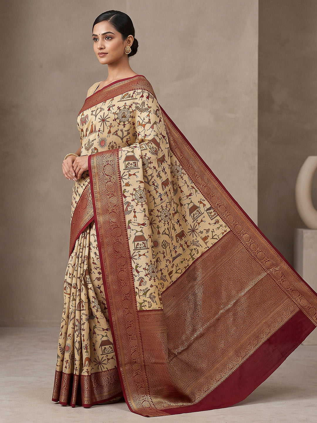 Off-White-Maroon Art Silk Printed Saree