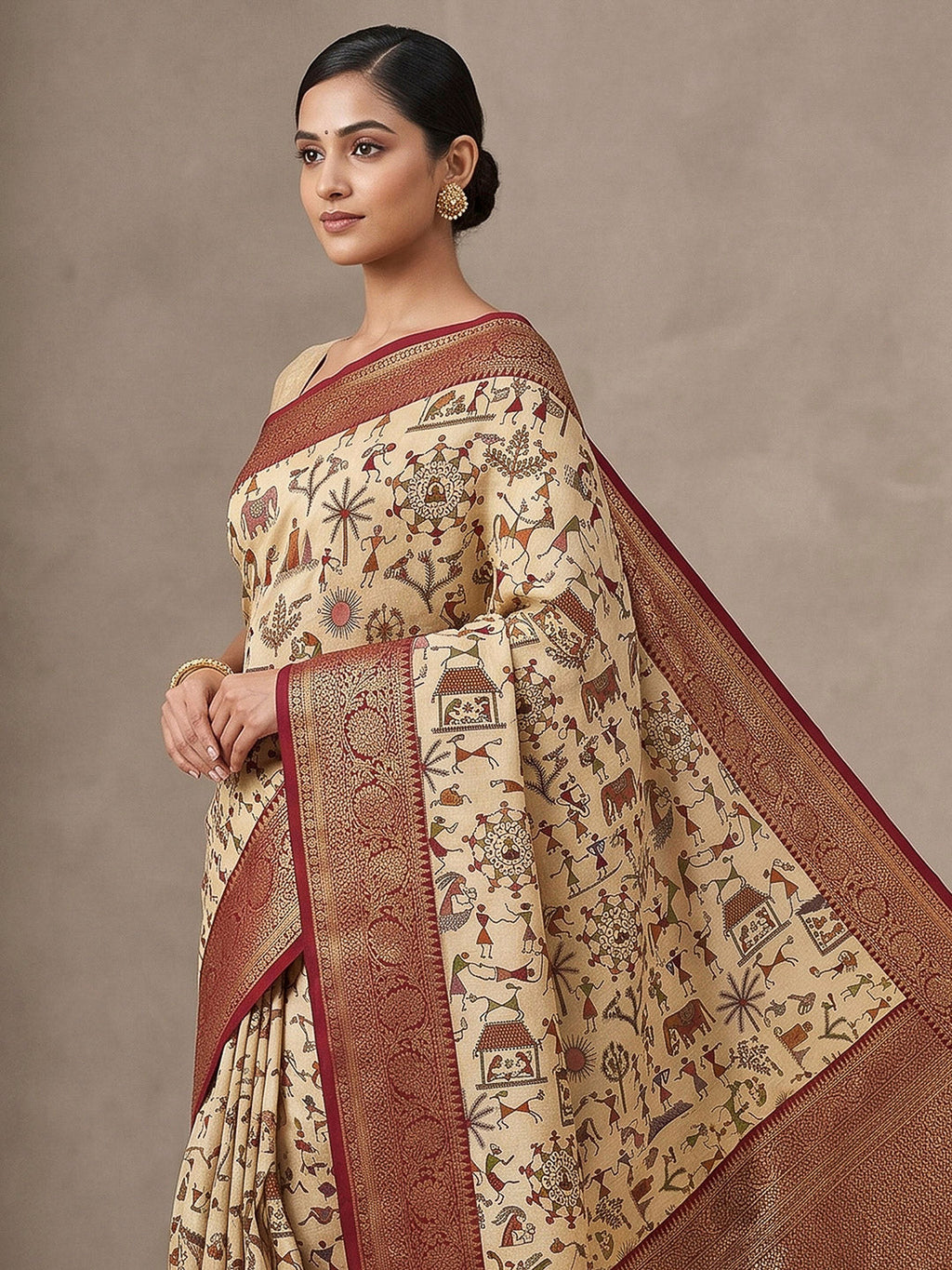 Off-White-Maroon Art Silk Printed Saree