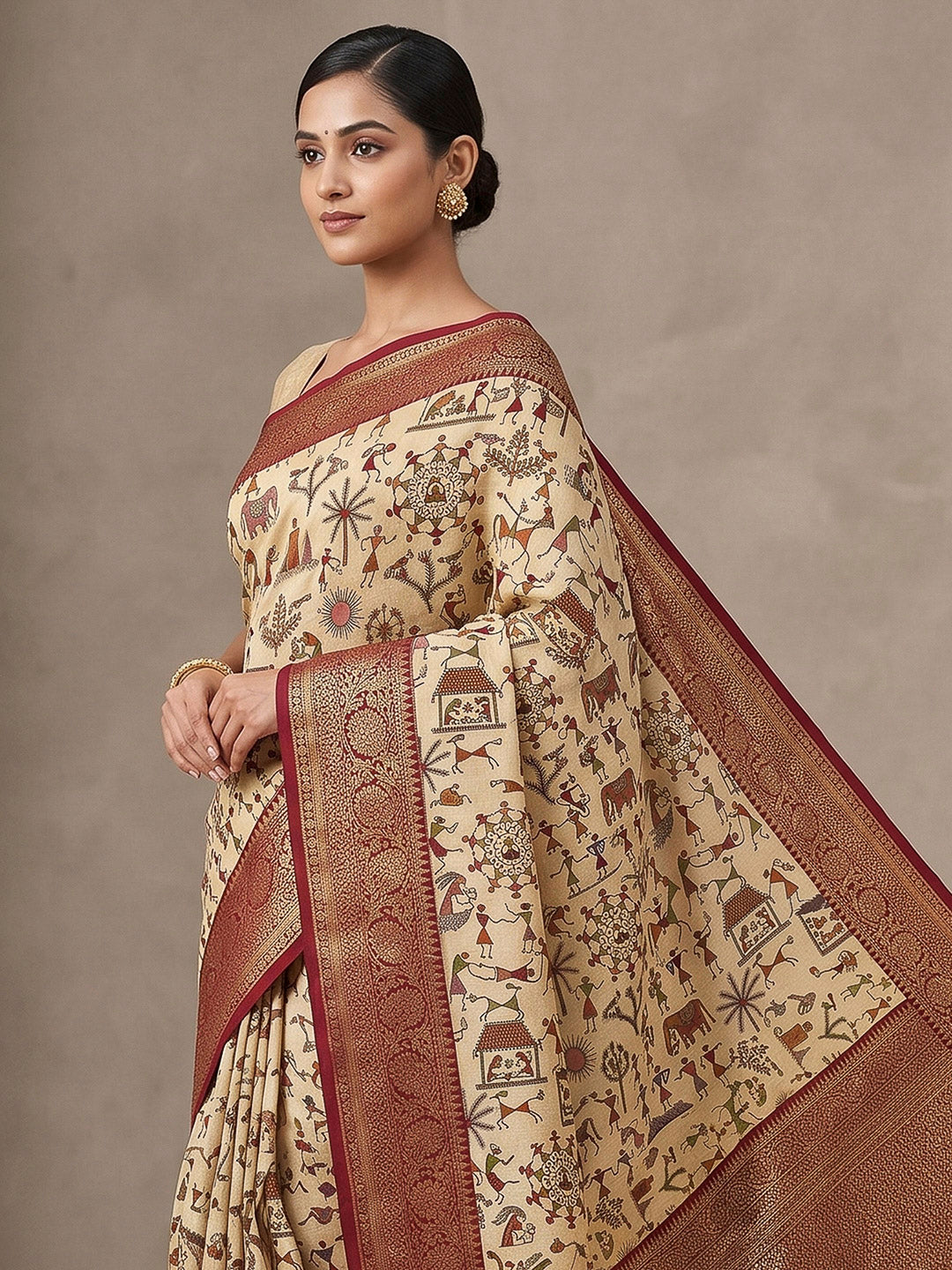 Off-White-Maroon Art Silk Printed Saree