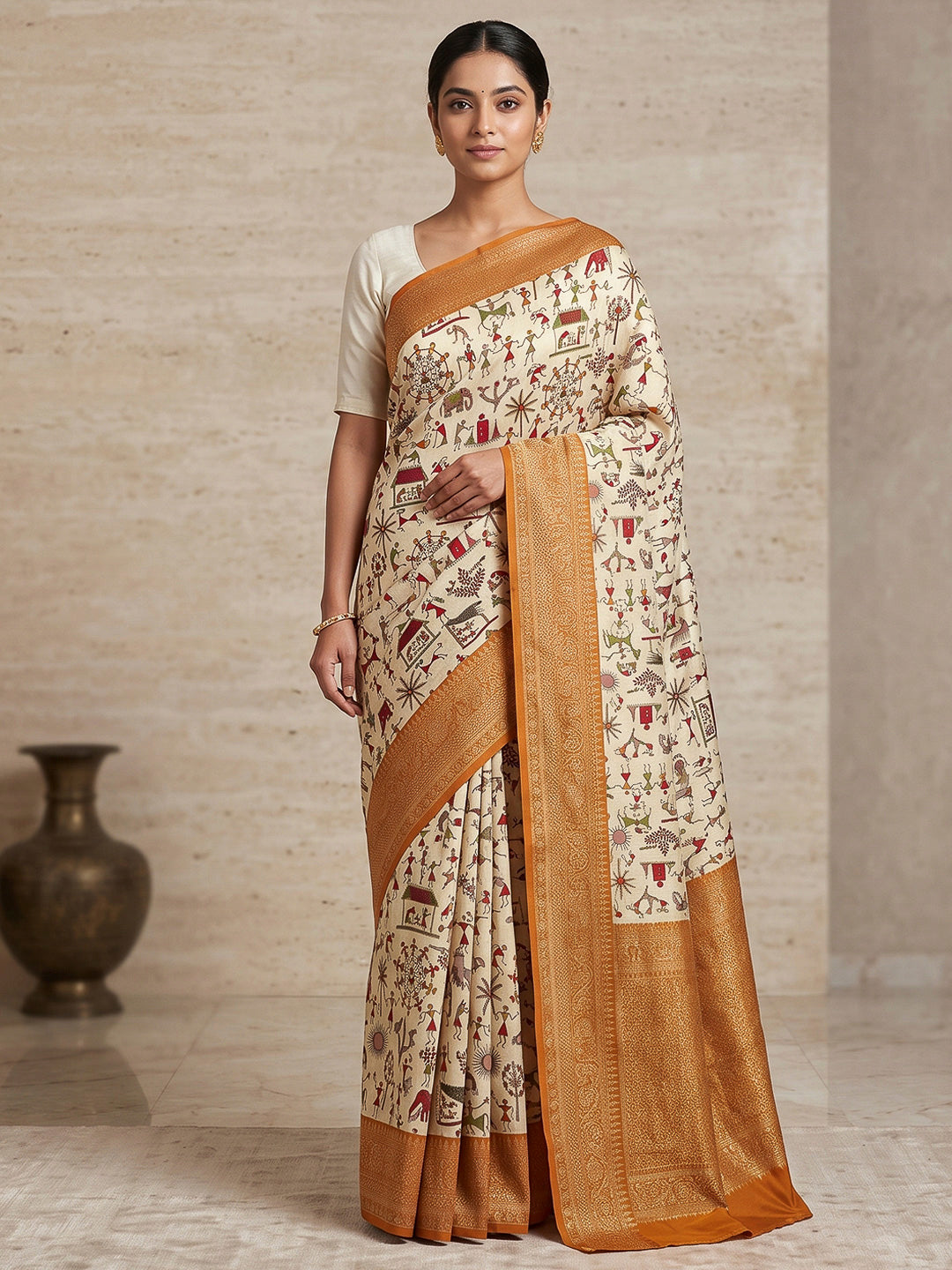 Off-White-Mustard Art Silk Printed Saree