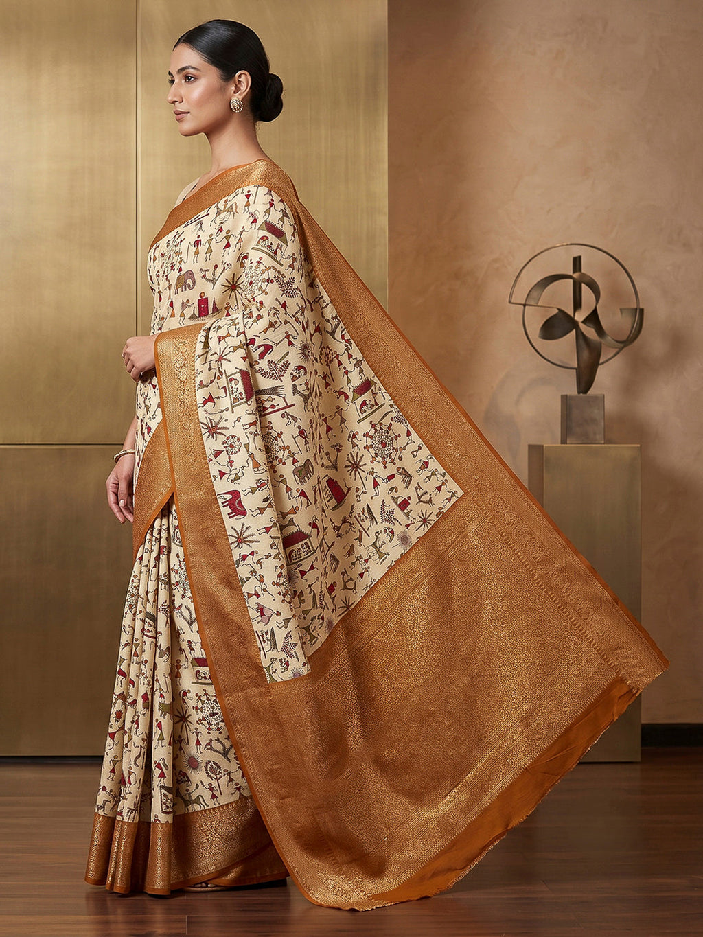 Off-White-Mustard Art Silk Printed Saree