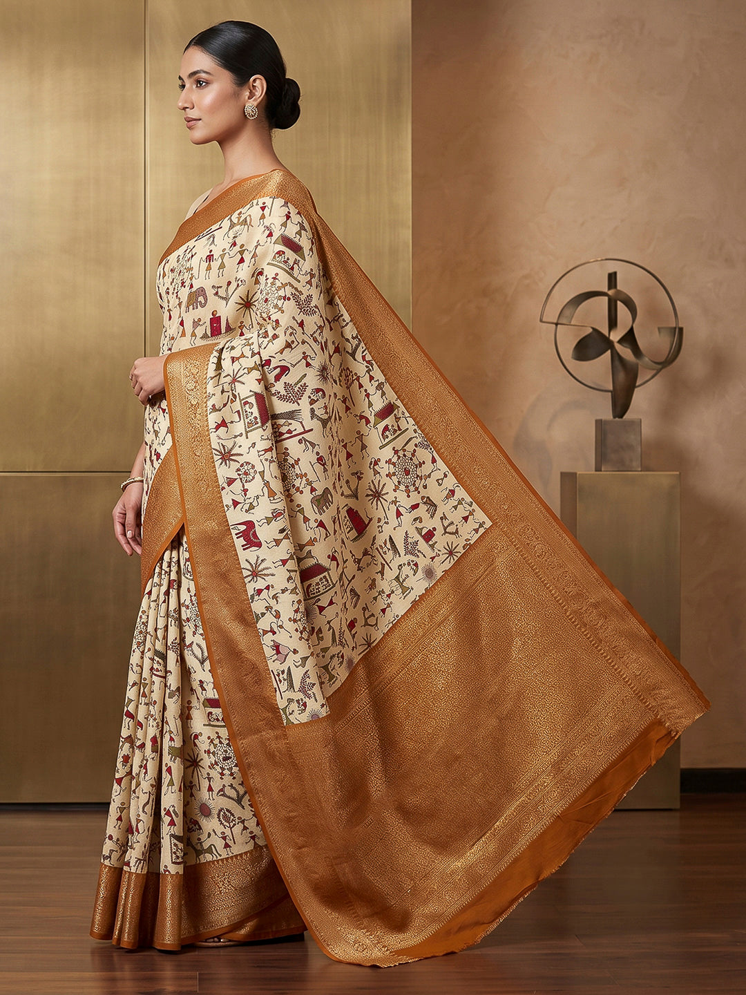 Off-White-Mustard Art Silk Printed Saree
