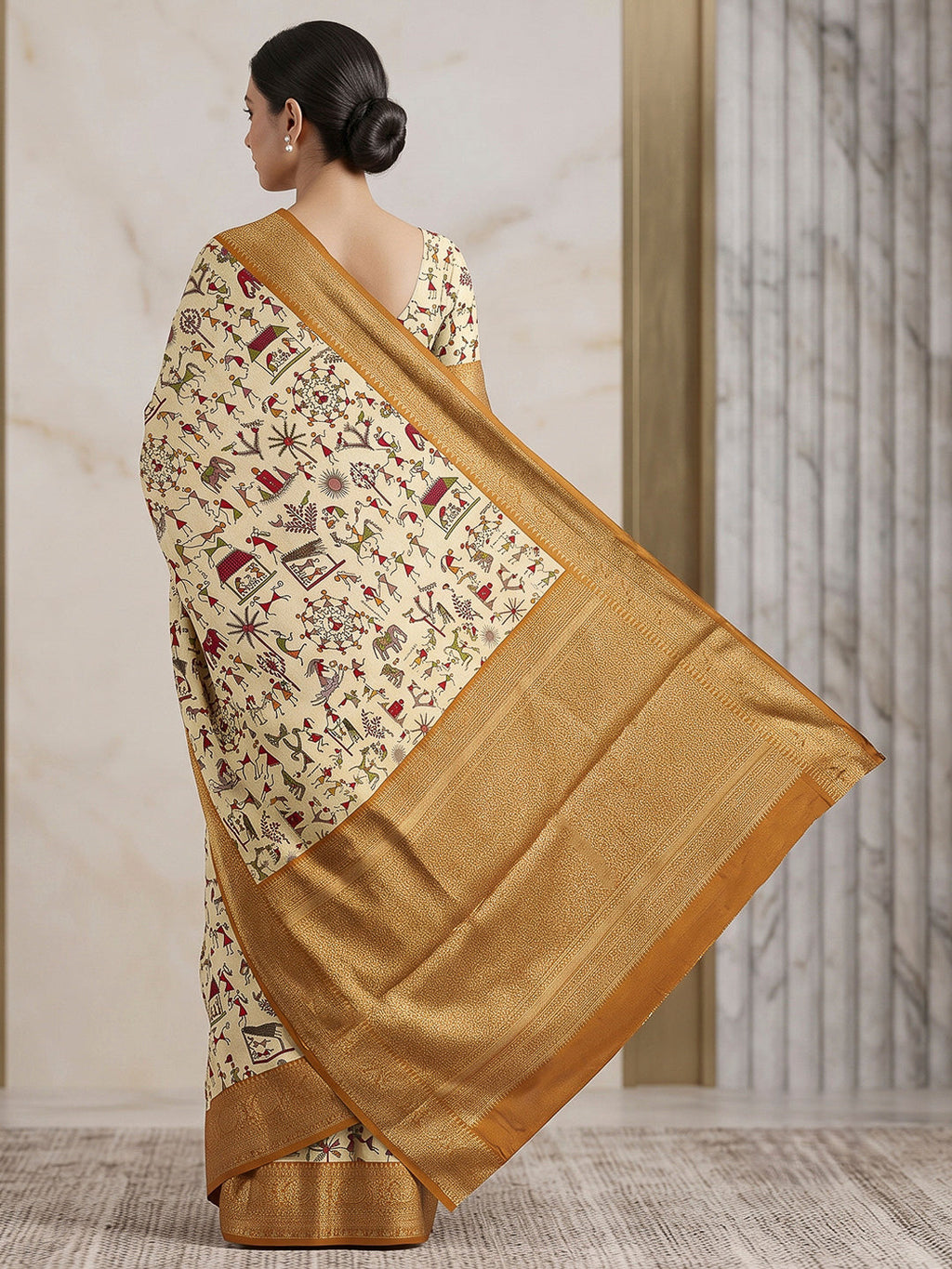 Off-White-Mustard Art Silk Printed Saree