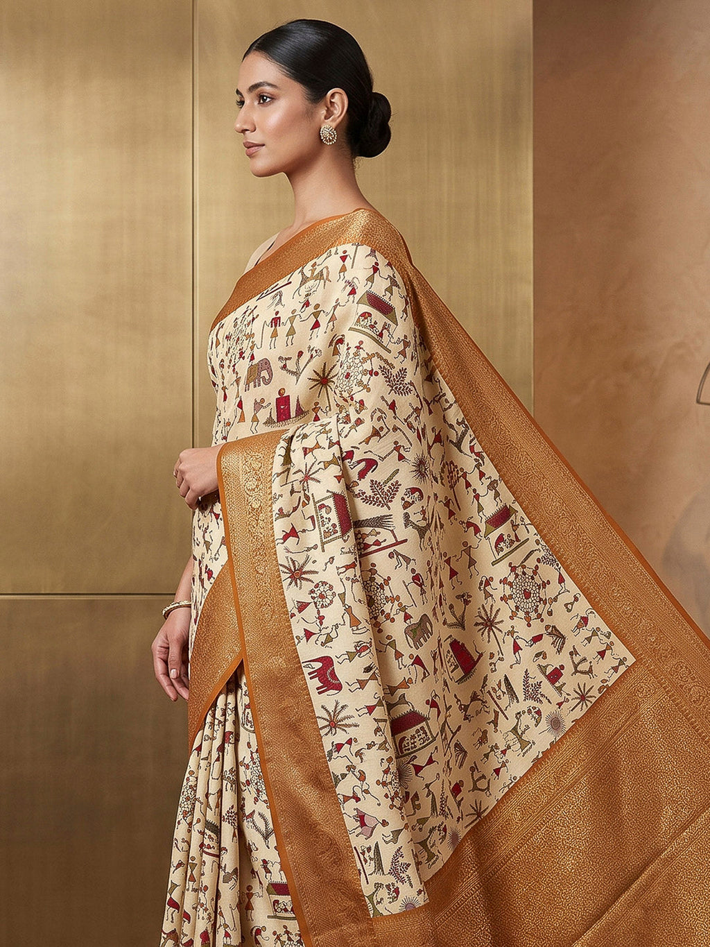Off-White-Mustard Art Silk Printed Saree