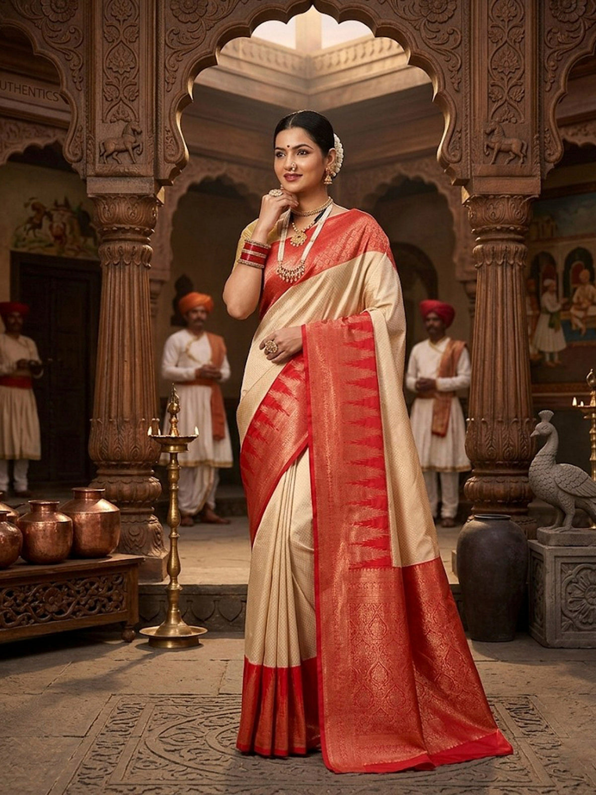 Off White Red Woven Design Kanjivaram Brocade Contrast Saree