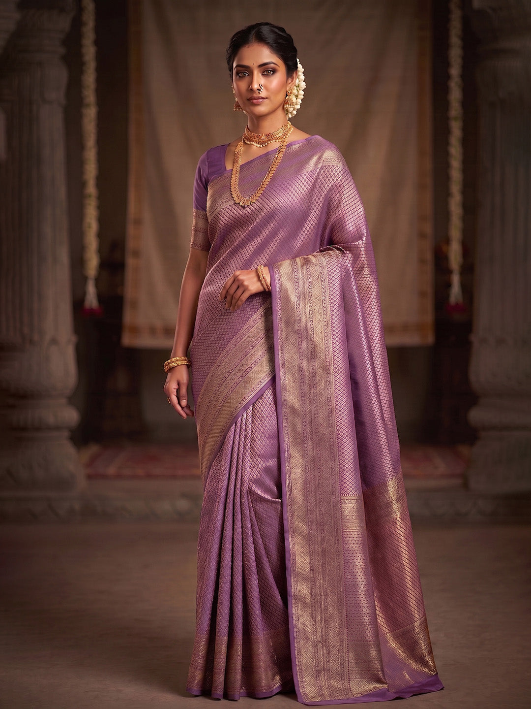 Lavender Woven Design Art Silk Kanjivaram Saree