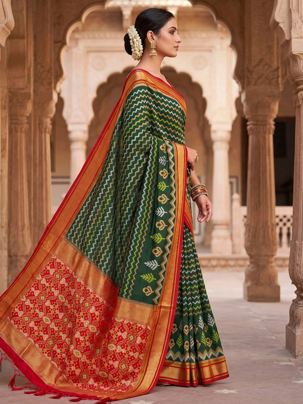 Bottle Green Woven Design Art Silk Kanjivaram Saree