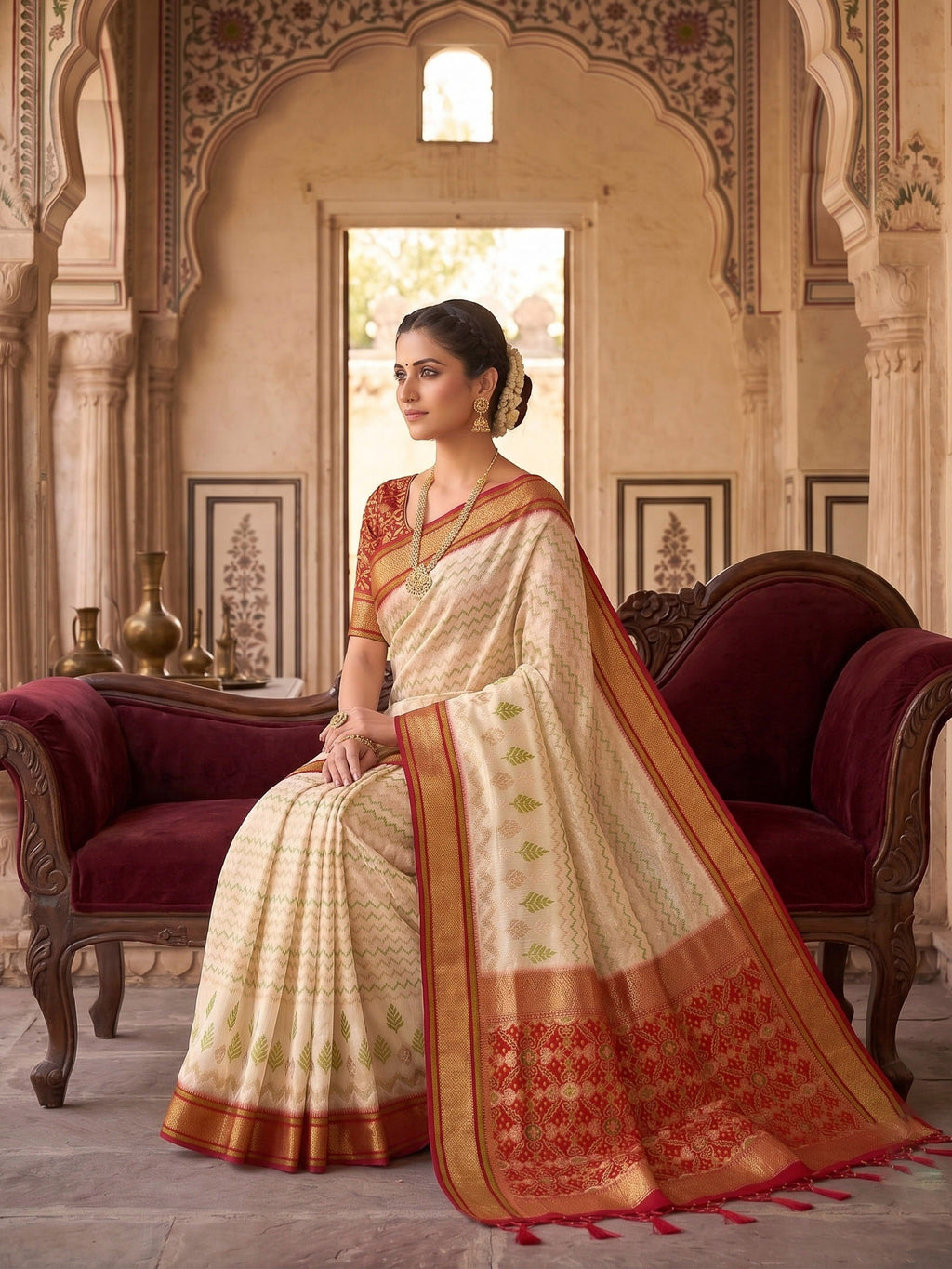 Cream Woven Design Art Silk Kanjivaram Saree