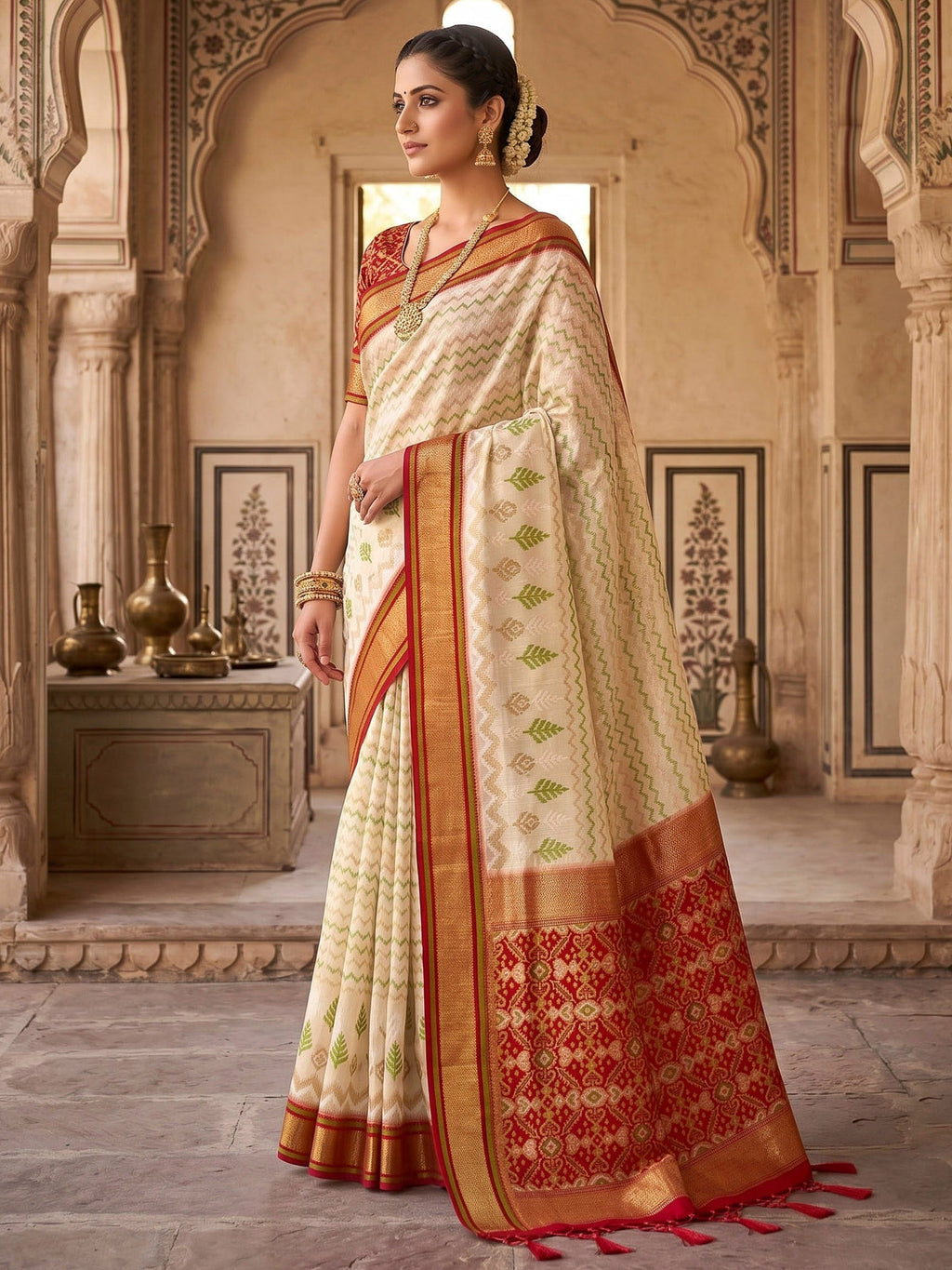 Cream Woven Design Art Silk Kanjivaram Saree