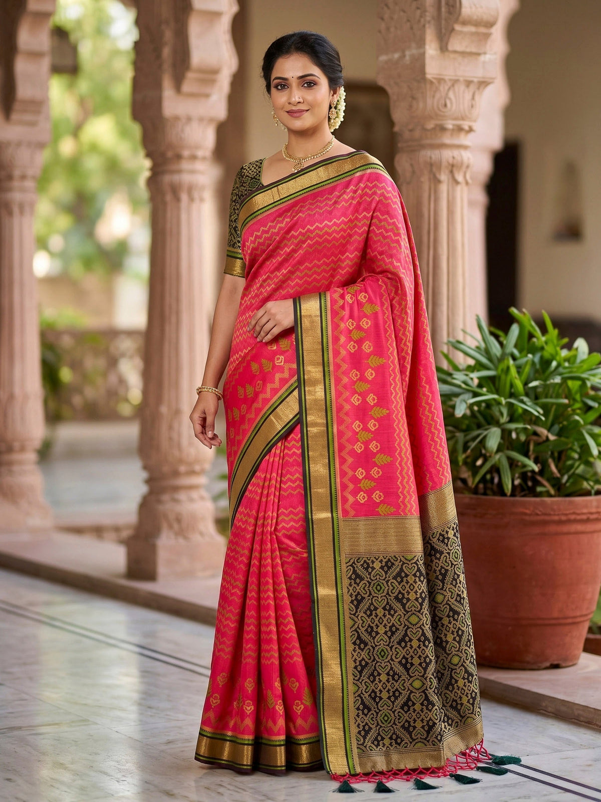 Hot Pink Woven Design Art Silk Kanjivaram Saree