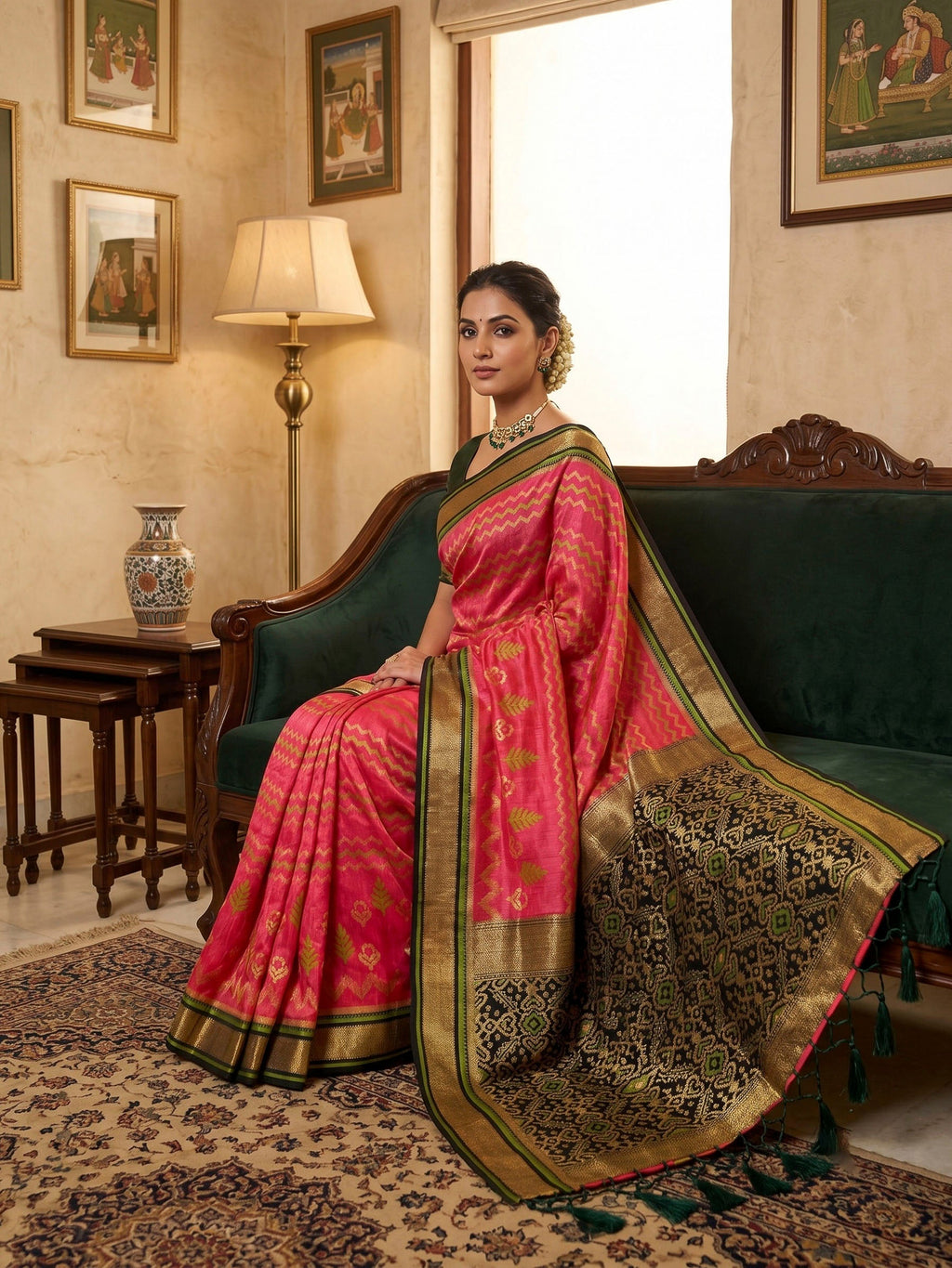 Hot Pink Woven Design Art Silk Kanjivaram Saree
