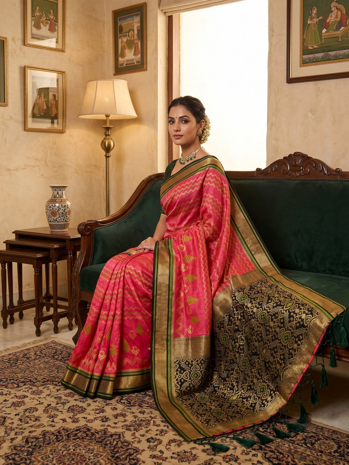 Hot Pink Woven Design Art Silk Kanjivaram Saree