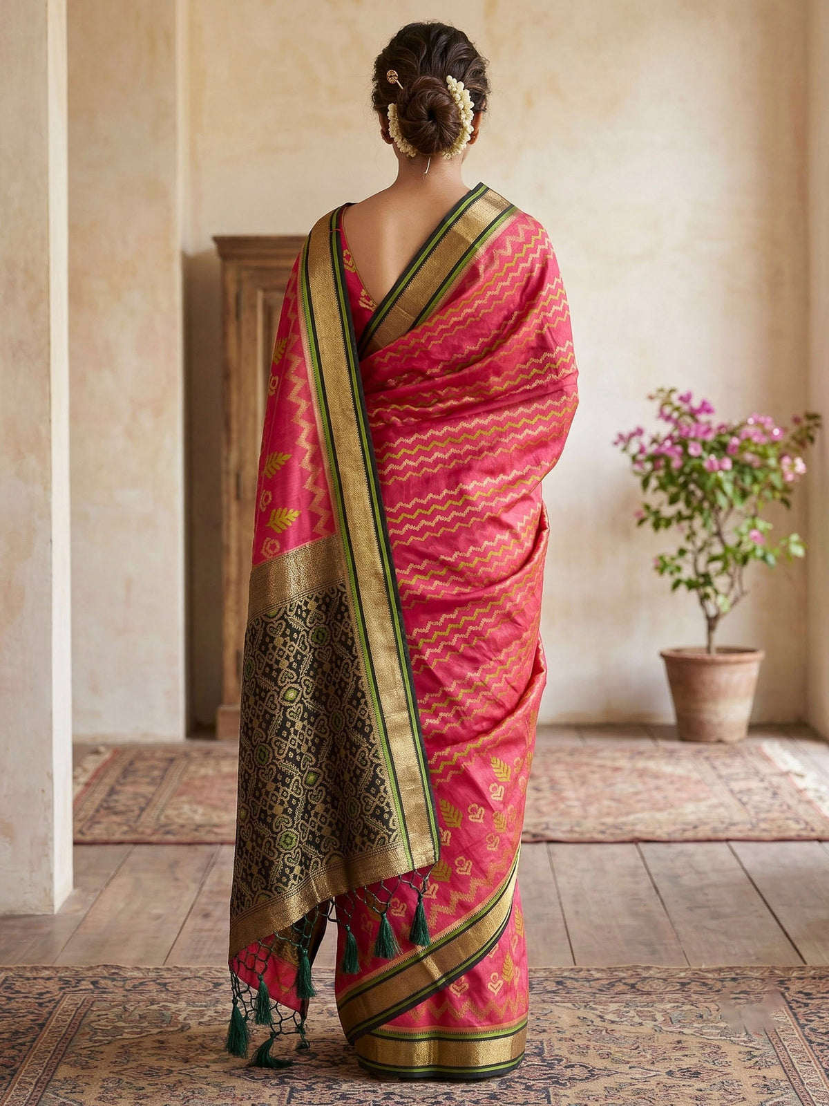 Hot Pink Woven Design Art Silk Kanjivaram Saree