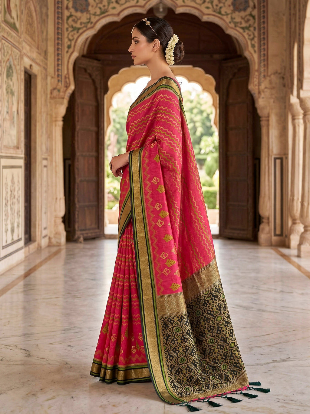 Hot Pink Woven Design Art Silk Kanjivaram Saree