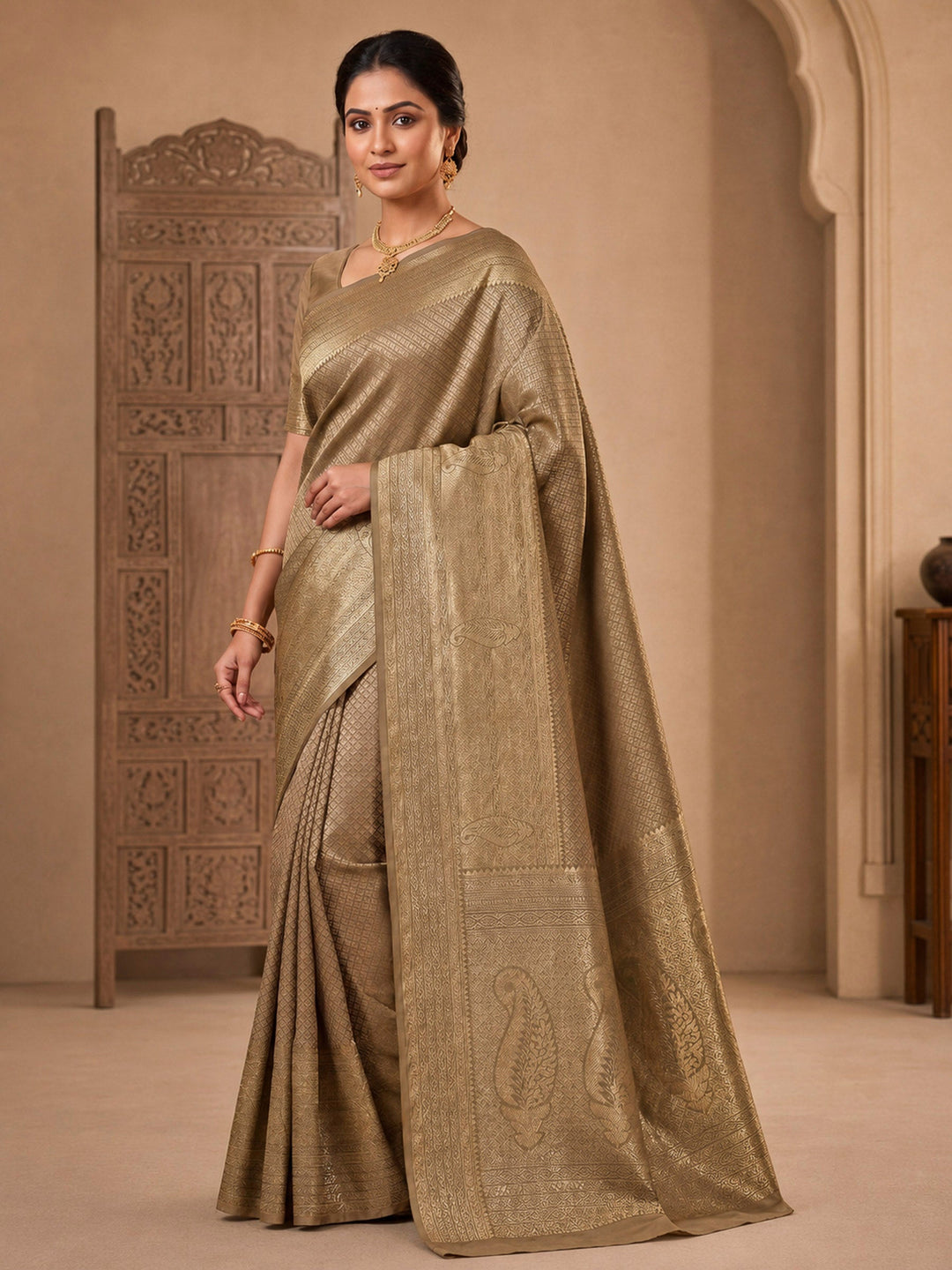 Beige Woven Design Art Silk Kanjivaram Saree