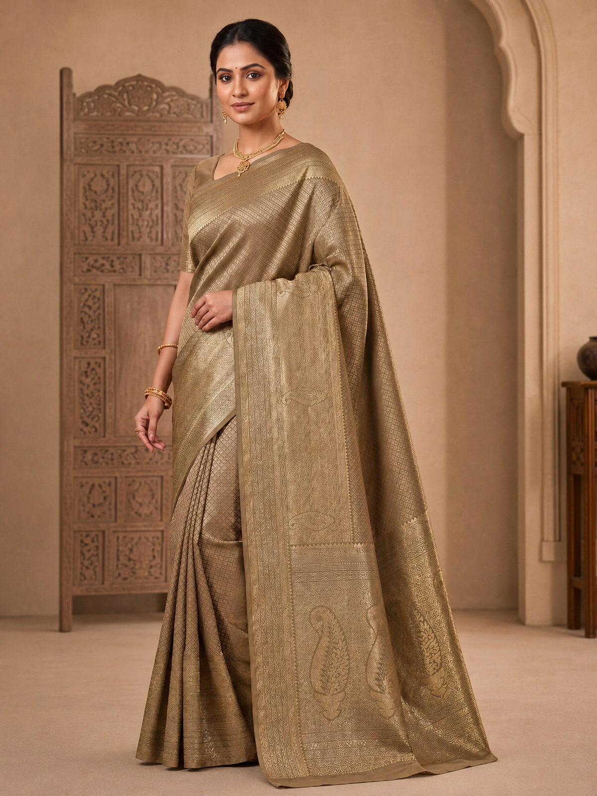 Beige Woven Design Art Silk Kanjivaram Saree