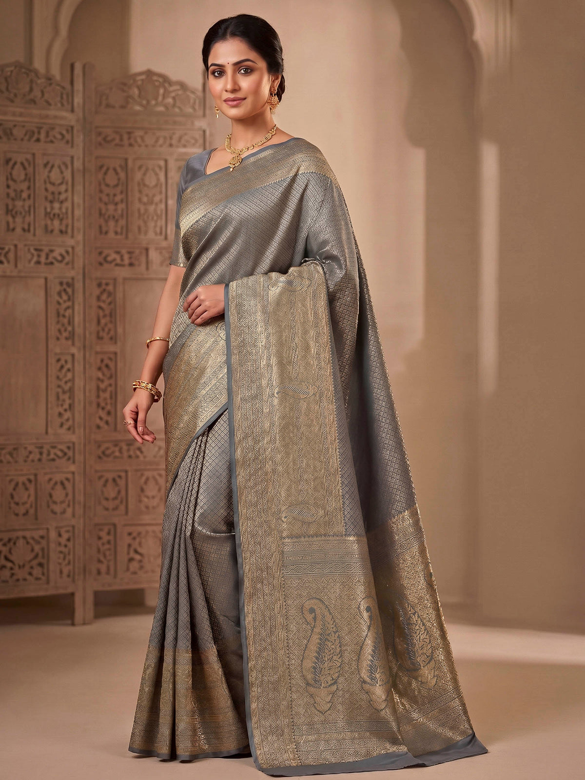 Grey Woven Design Art Silk Kanjivaram Saree