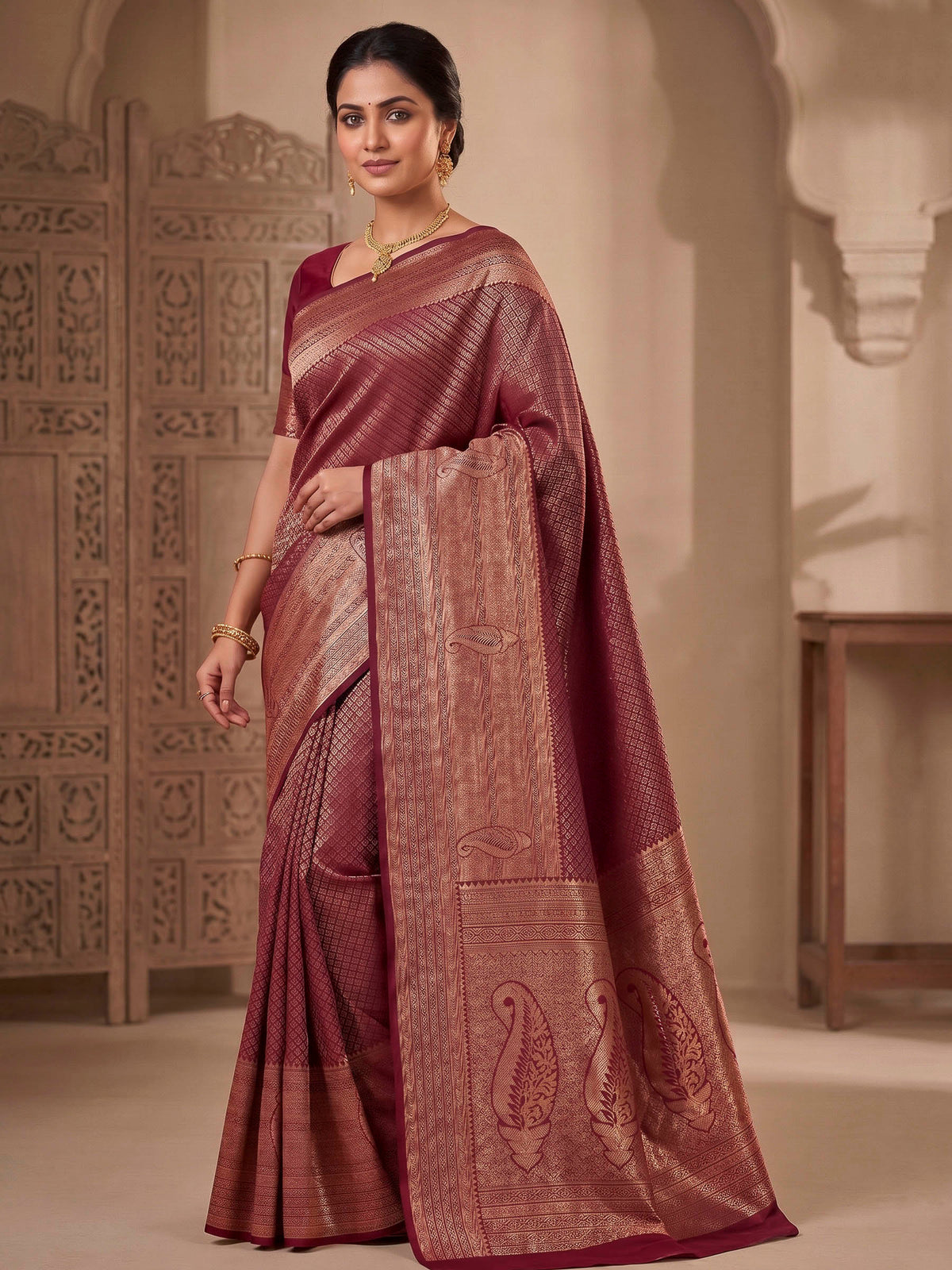 Maroon Woven Design Art Silk Kanjivaram Saree