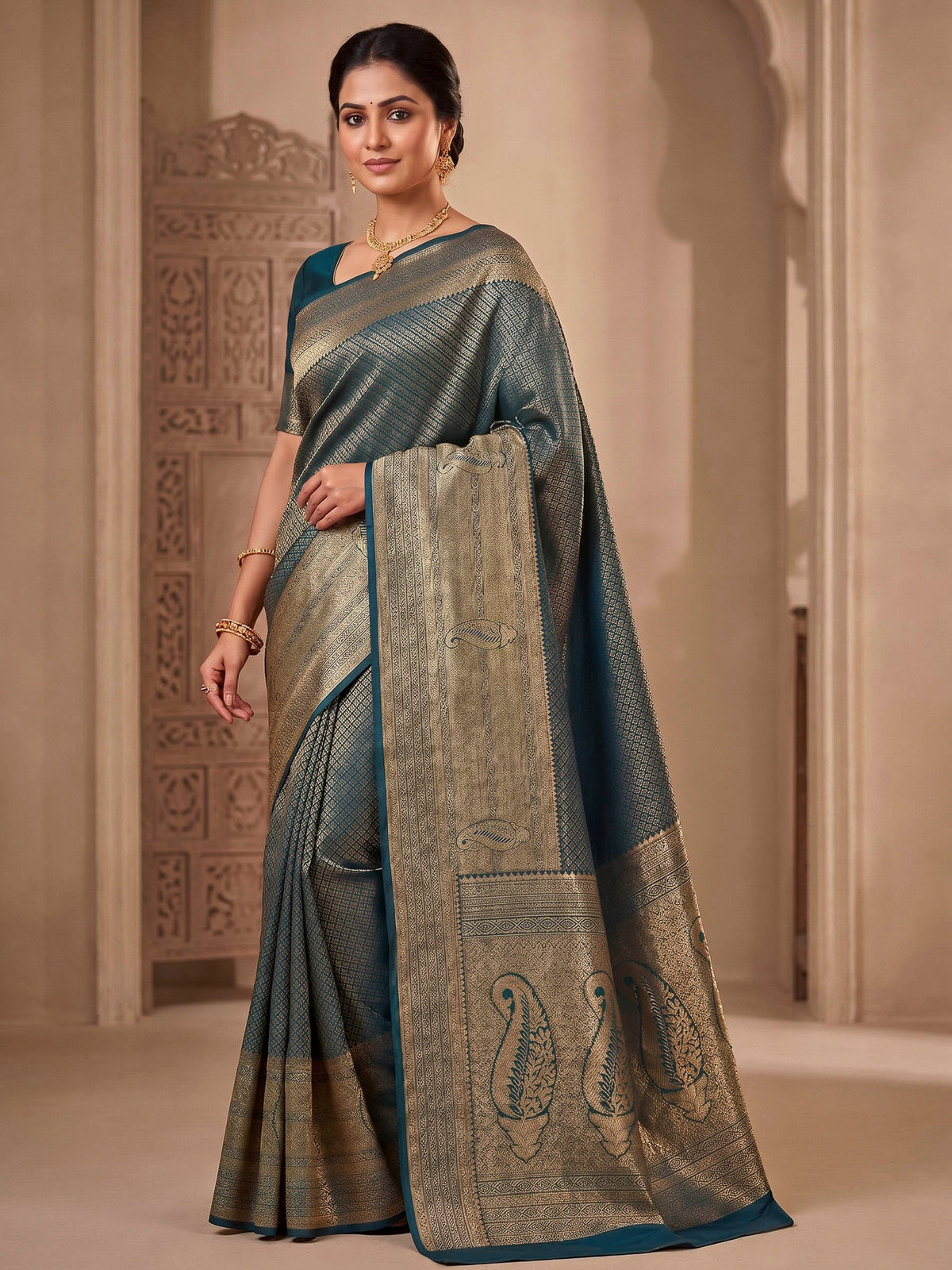 Dark Blue Woven Design Art Silk Kanjivaram Saree