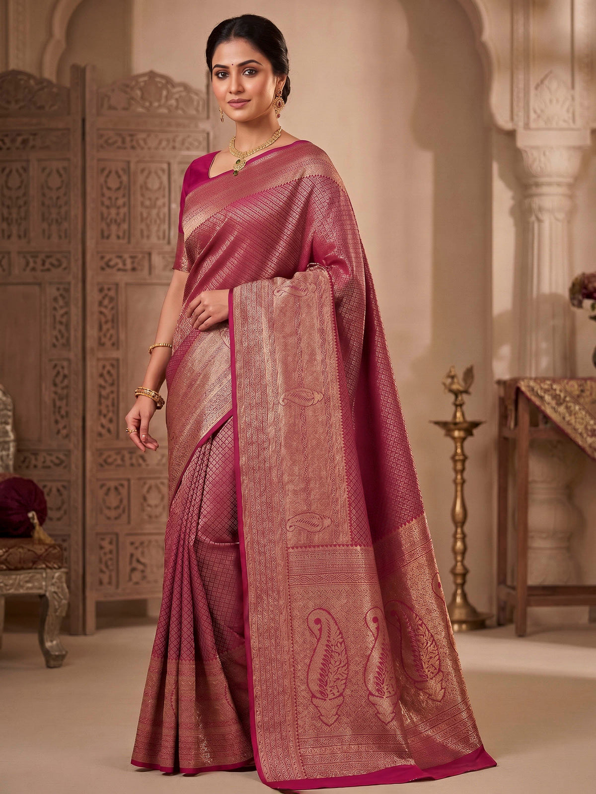 Magenta Woven Design Art Silk Kanjivaram Saree