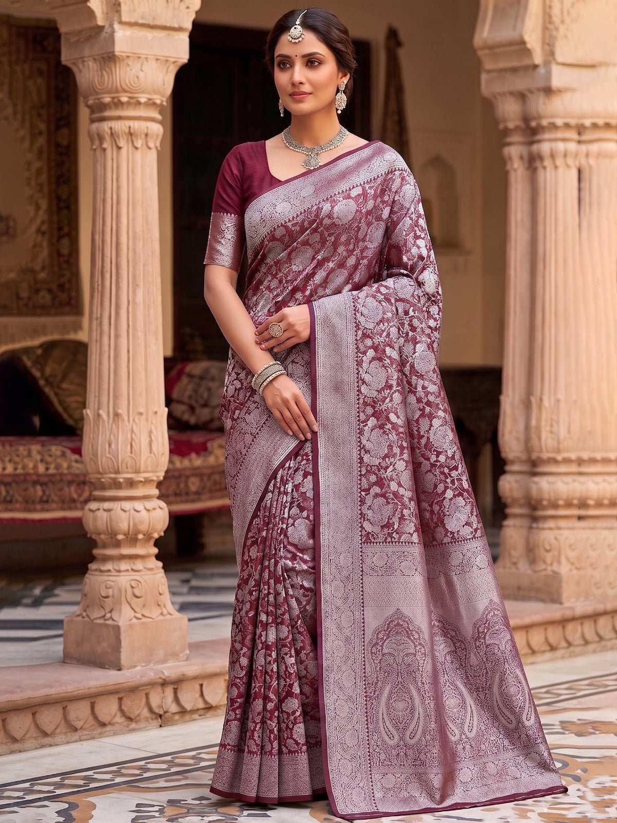 Maroon Woven Design Art Silk Kanjivaram Saree