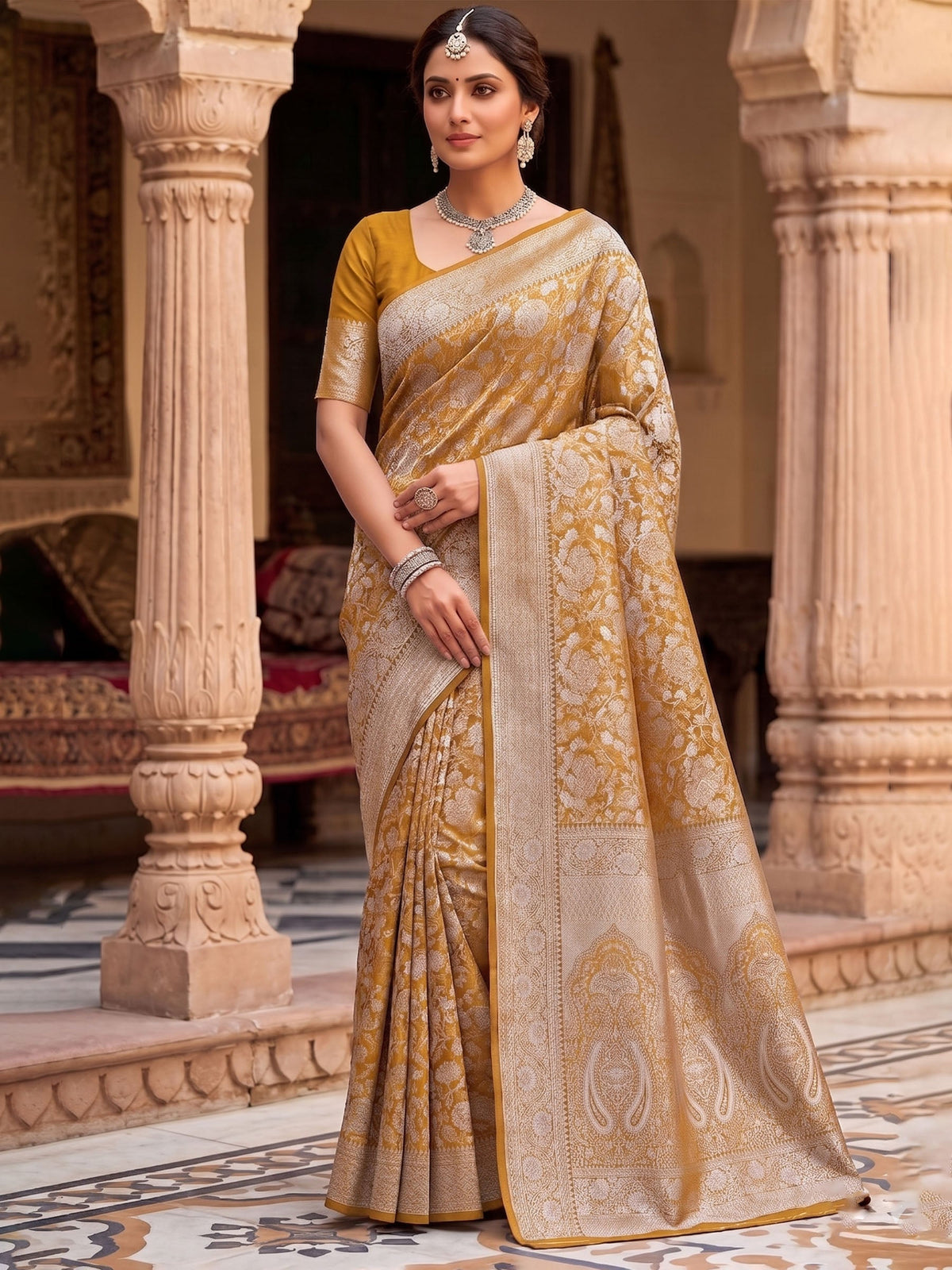 Mustard Woven Design Art Silk Kanjivaram Saree