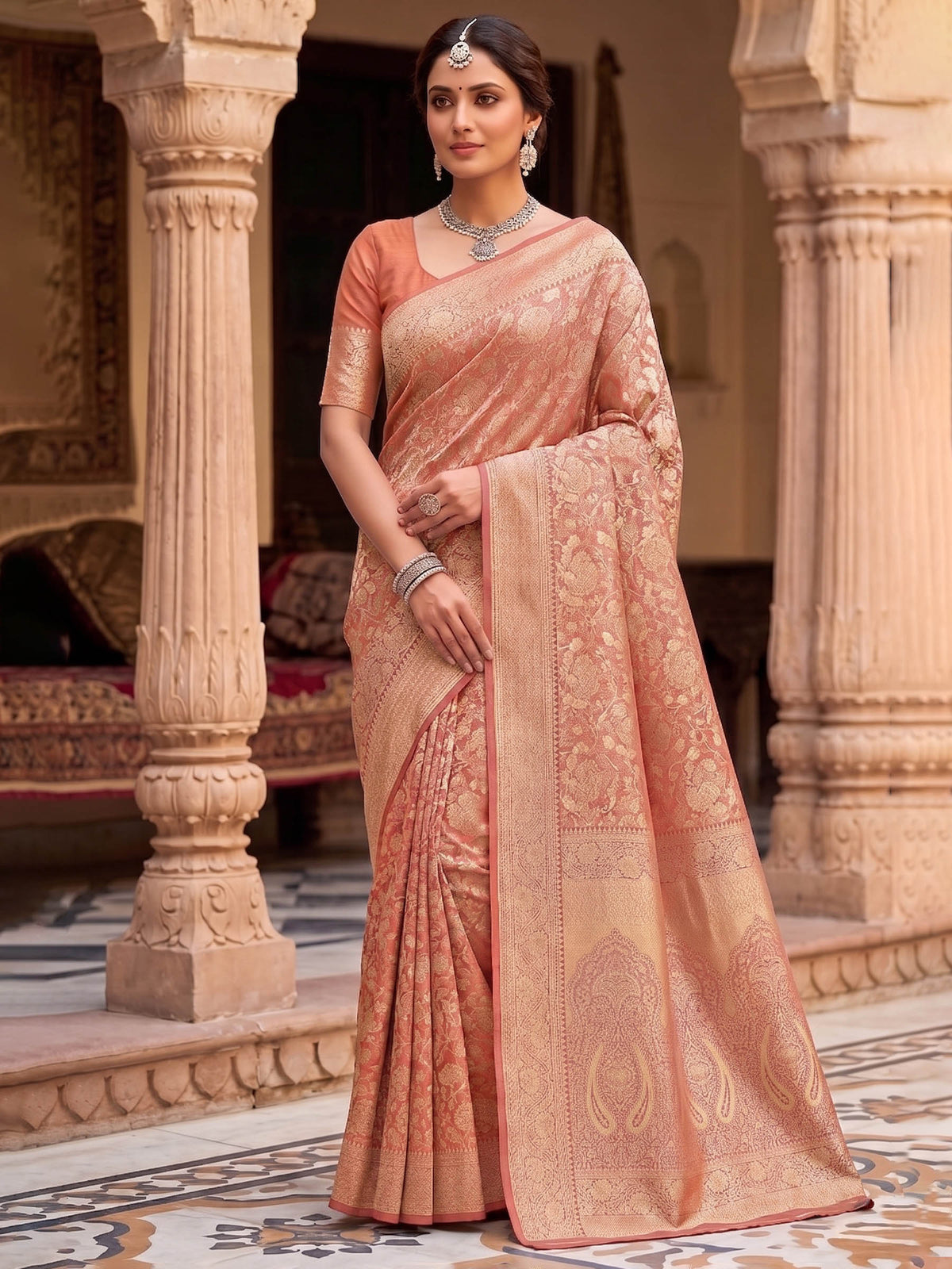 Peach Woven Design Art Silk Kanjivaram Saree