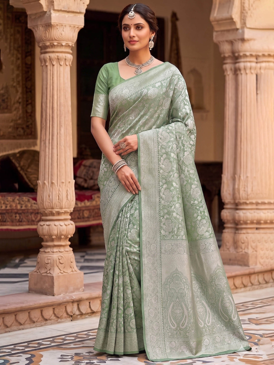 Pista Green Woven Design Art Silk Kanjivaram Saree