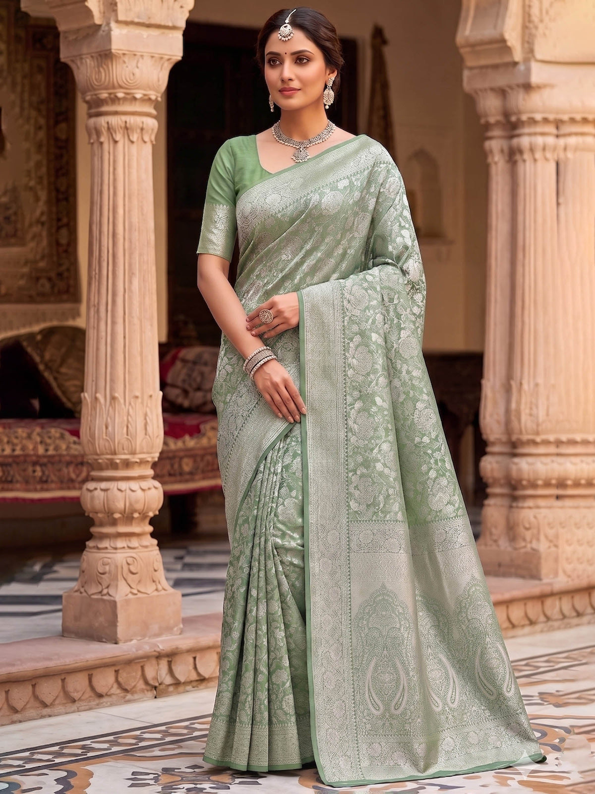 Pista Green Woven Design Art Silk Kanjivaram Saree