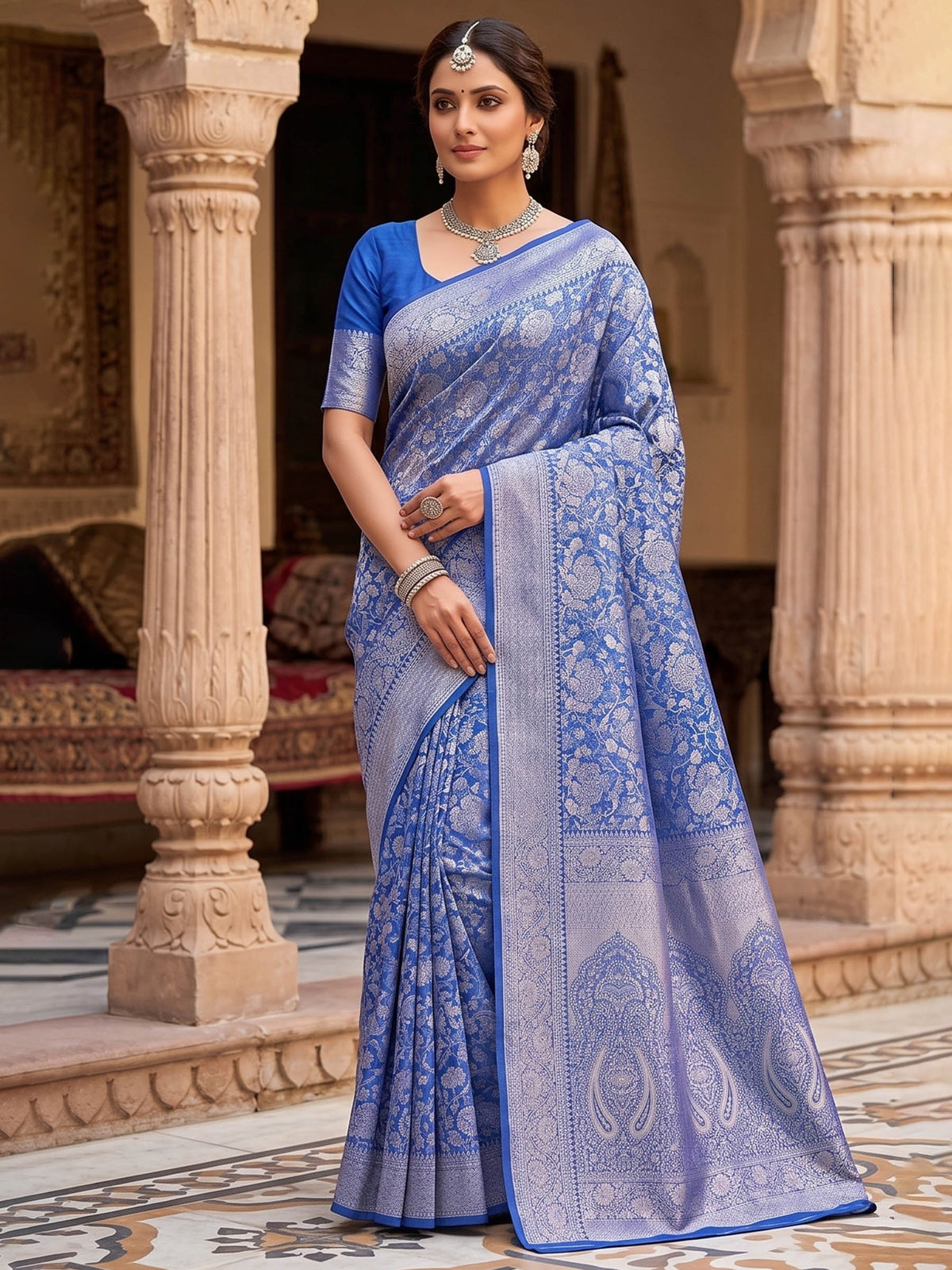 Royal Blue Woven Design Art Silk Kanjivaram Saree
