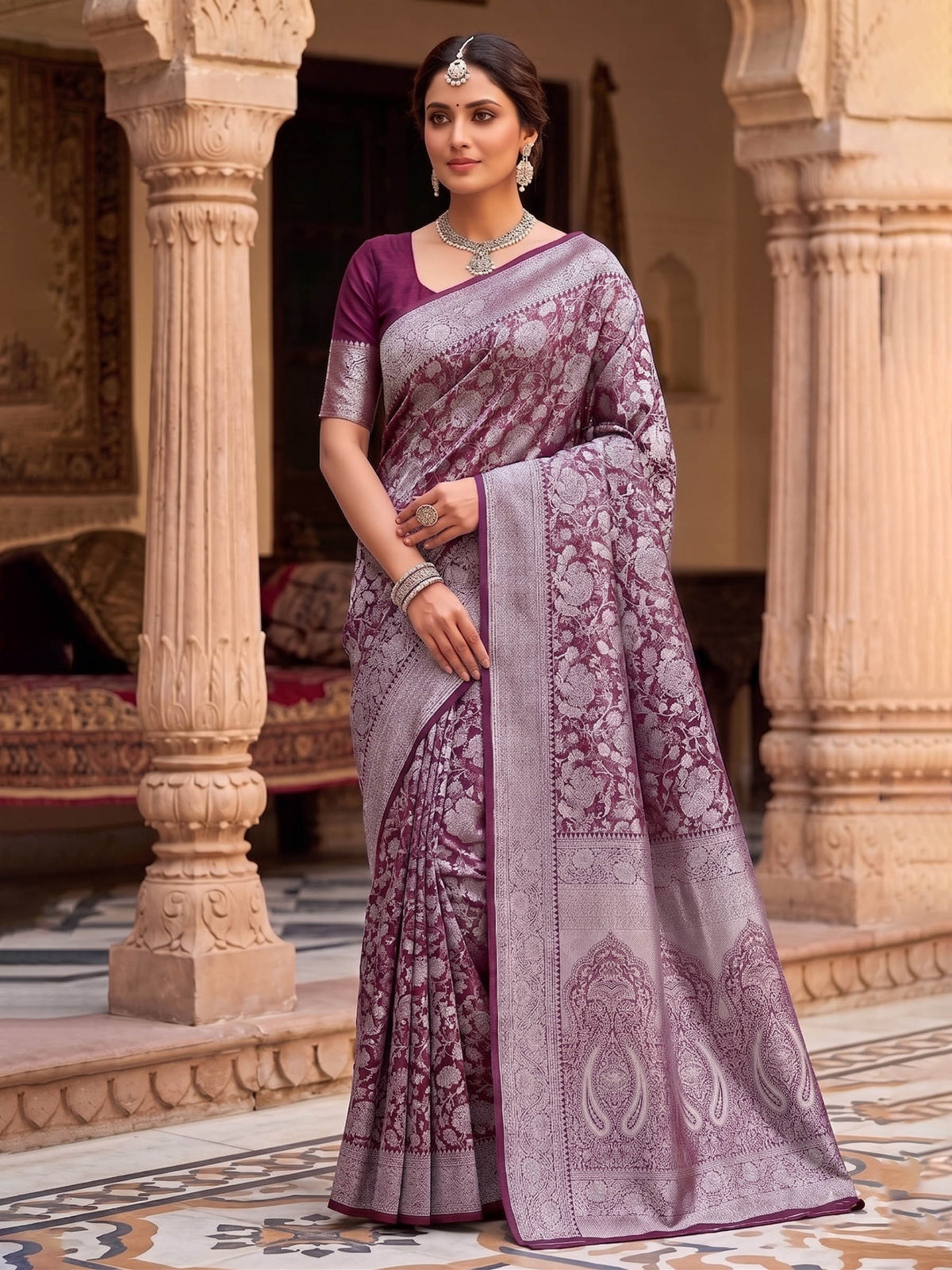 Wine Woven Design Art Silk Kanjivaram Saree